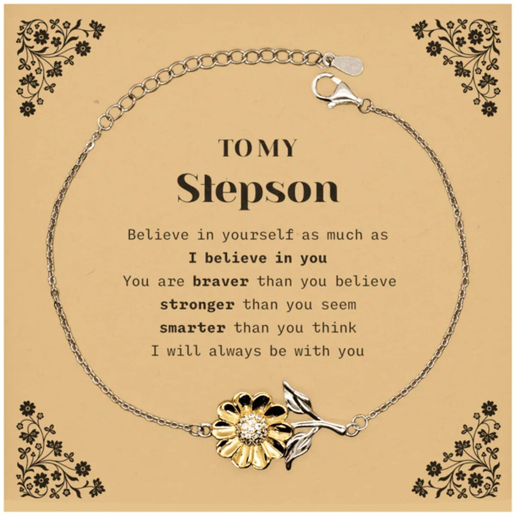 Stepson Sunflower Bracelet Gifts, To My Stepson You are braver than you believe, stronger than you seem, Inspirational Gifts For Stepson Card, Birthday, Christmas Gifts For Stepson Men Women