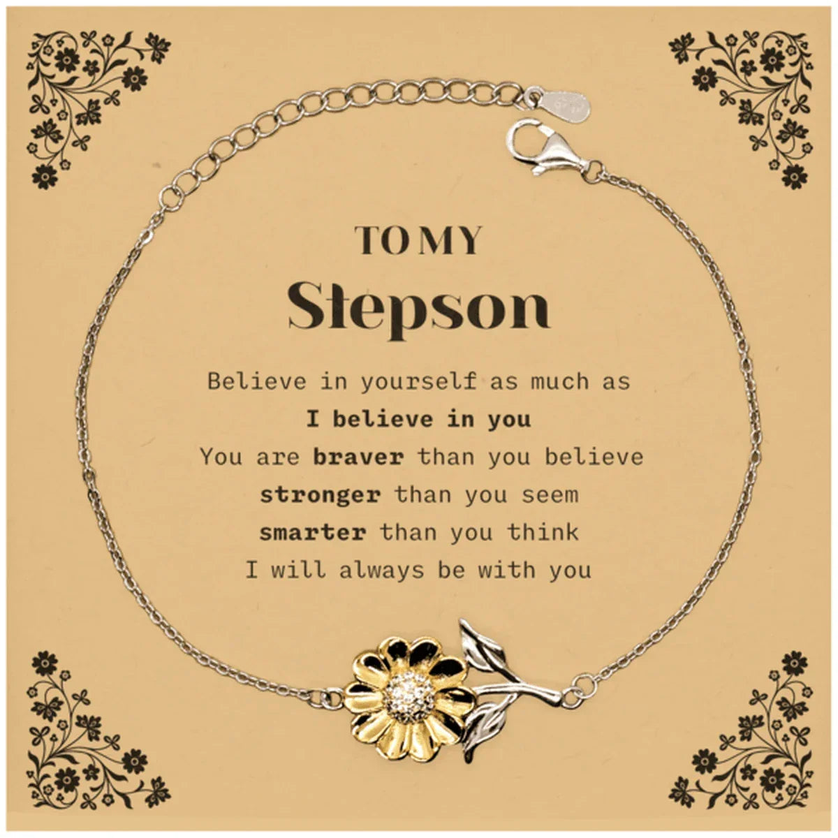 Stepson Sunflower Bracelet Gifts, To My Stepson You are braver than you believe, stronger than you seem, Inspirational Gifts For Stepson Card, Birthday, Christmas Gifts For Stepson Men Women
