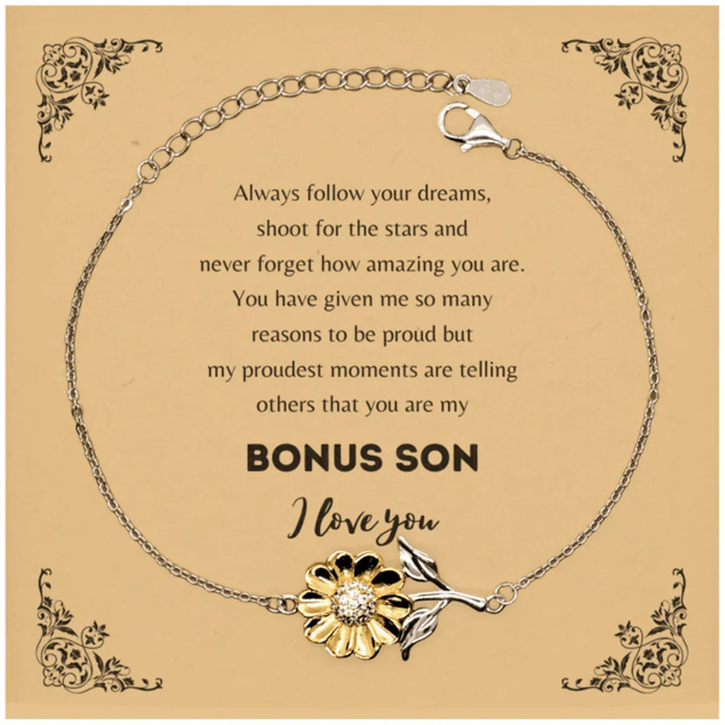Sunflower Bracelet for Bonus Son Present, Bonus Son Always follow your dreams, never forget how amazing you are, Bonus Son Birthday Christmas Gifts Jewelry for Girls Boys Teen Men Women