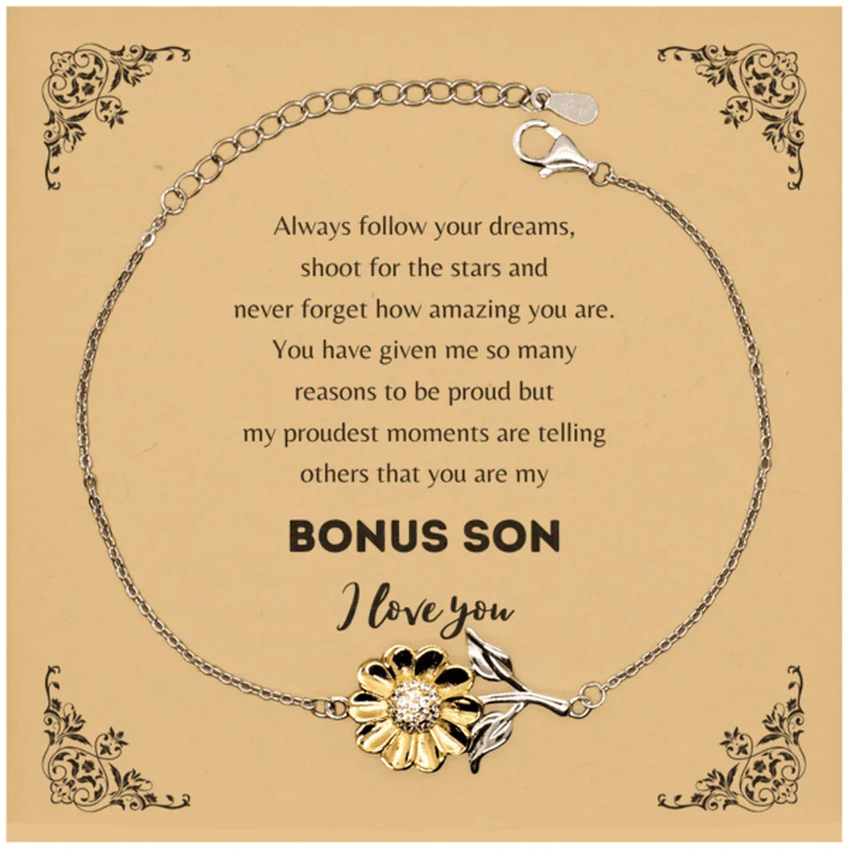 Sunflower Bracelet for Bonus Son Present, Bonus Son Always follow your dreams, never forget how amazing you are, Bonus Son Birthday Christmas Gifts Jewelry for Girls Boys Teen Men Women