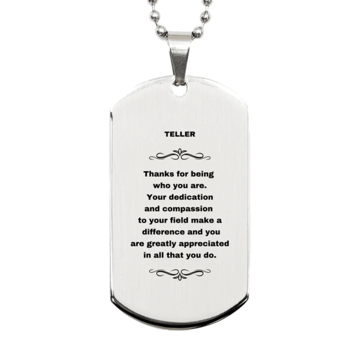 Teller Silver Engraved Dog Tag Necklace - Thanks for being who you are - Birthday Christmas Jewelry Gifts Coworkers Colleague Boss