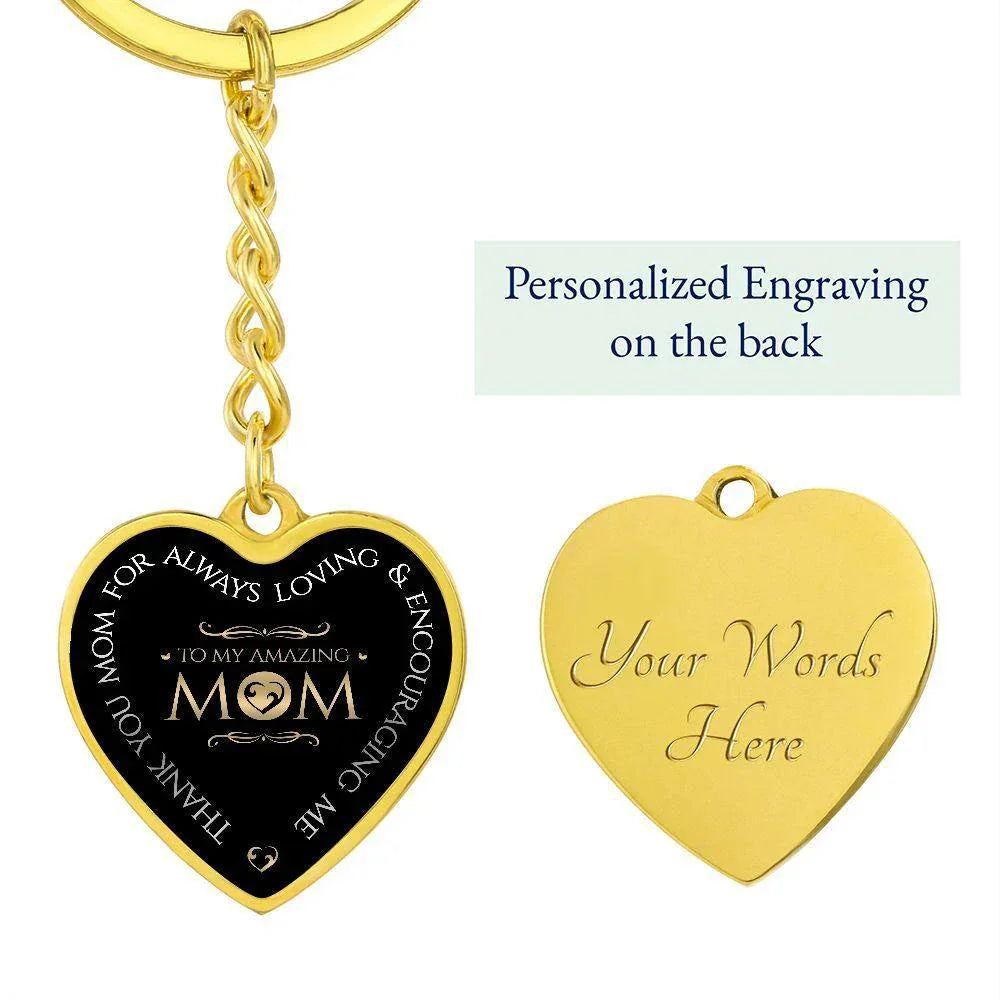 To My Amazing Mom Engraved Heart Keychain – Elegant Black & Gold Stainless Steel Mom Gift, Mother’s Day Appreciation Keepsake