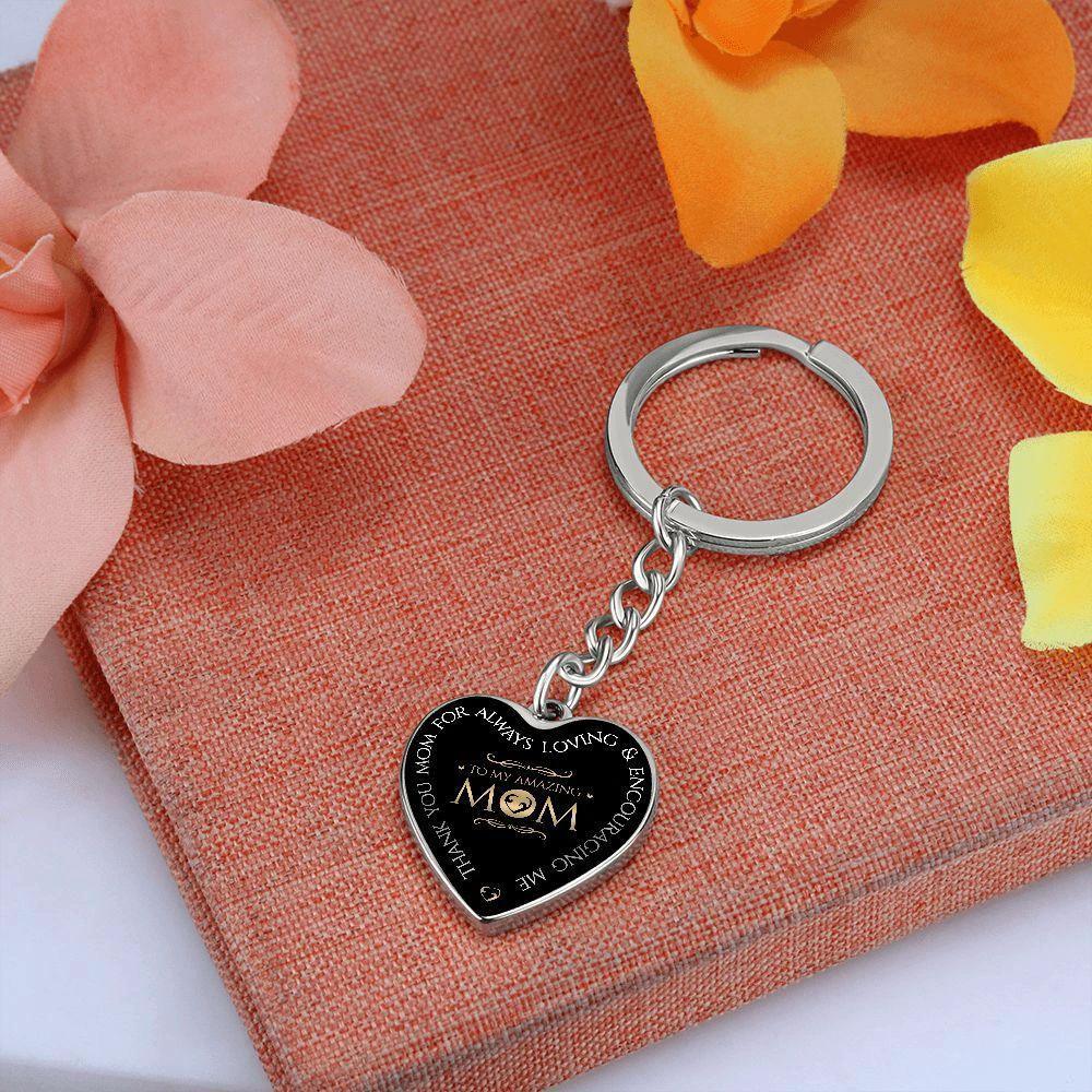 To My Amazing Mom Engraved Heart Keychain – Elegant Black & Gold Stainless Steel Mom Gift, Mother’s Day Appreciation Keepsake