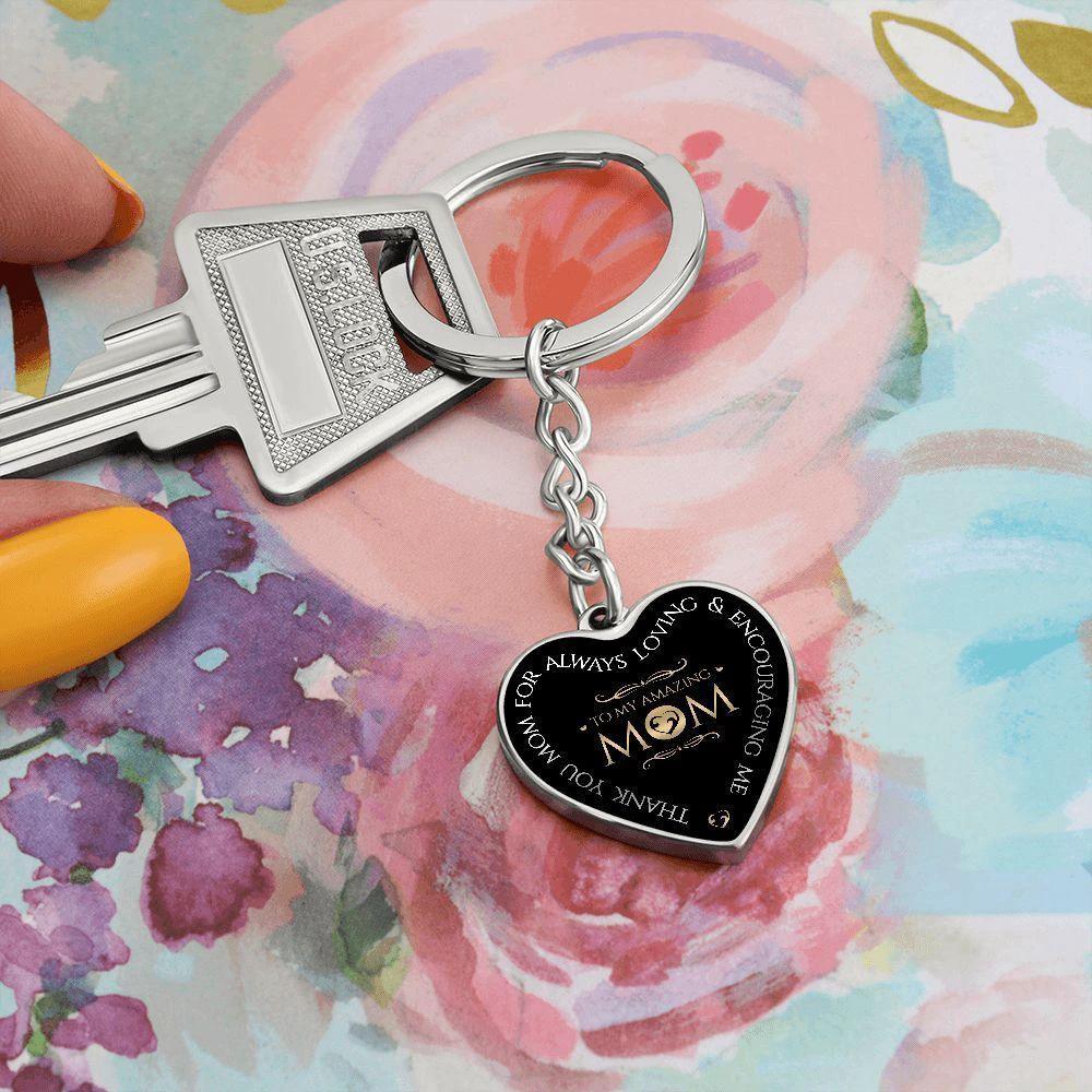 To My Amazing Mom Engraved Heart Keychain – Elegant Black & Gold Stainless Steel Mom Gift, Mother’s Day Appreciation Keepsake