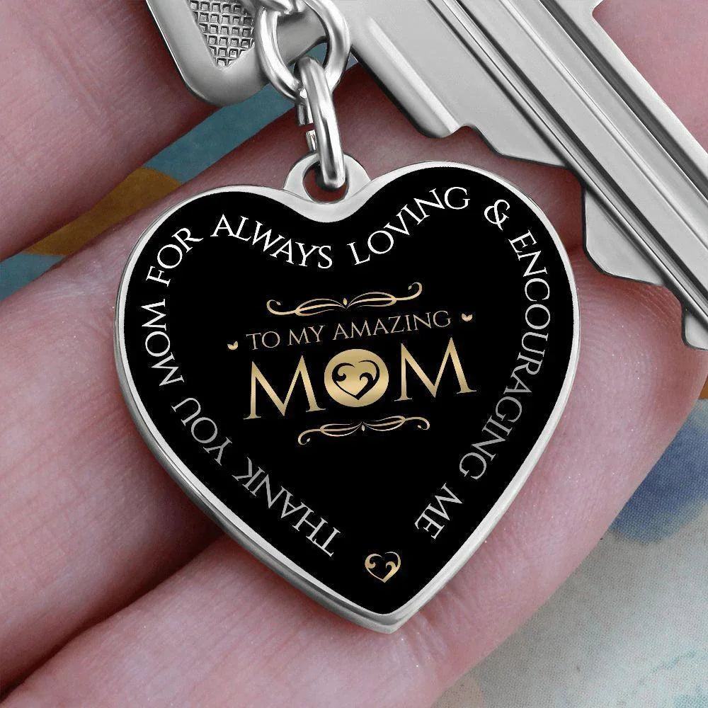 To My Amazing Mom Engraved Heart Keychain – Elegant Black & Gold Stainless Steel Mom Gift, Mother’s Day Appreciation Keepsake
