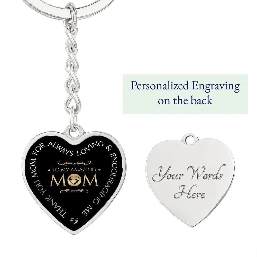 To My Amazing Mom Engraved Heart Keychain – Elegant Black & Gold Stainless Steel Mom Gift, Mother’s Day Appreciation Keepsake