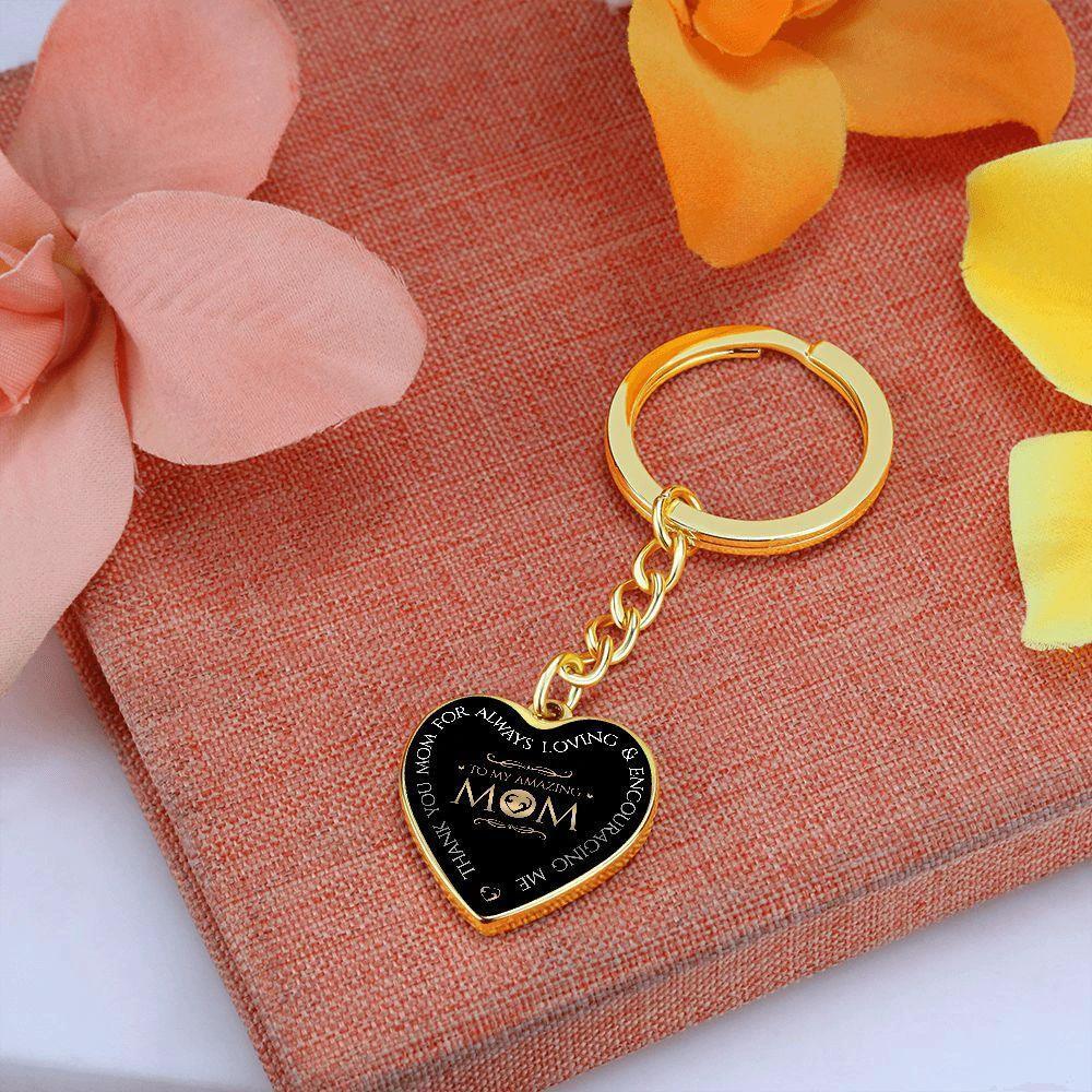 To My Amazing Mom Engraved Heart Keychain – Elegant Black & Gold Stainless Steel Mom Gift, Mother’s Day Appreciation Keepsake