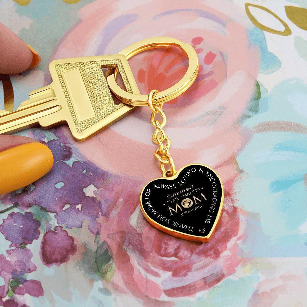 To My Amazing Mom Engraved Heart Keychain – Elegant Black & Gold Stainless Steel Mom Gift, Mother’s Day Appreciation Keepsake