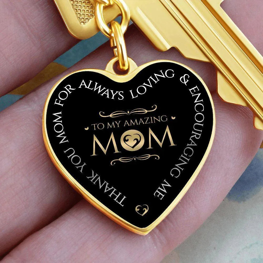 To My Amazing Mom Engraved Heart Keychain – Elegant Black & Gold Stainless Steel Mom Gift, Mother’s Day Appreciation Keepsake