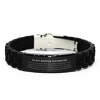 To My Bonus Daughter Gifts, Inspirational Bonus Daughter Black Glidelock Clasp Bracelet, Sentimental Birthday Christmas Unique Gifts For Bonus Daughter Behind you, all your memories, before you, all your dreams, around you, all who love you