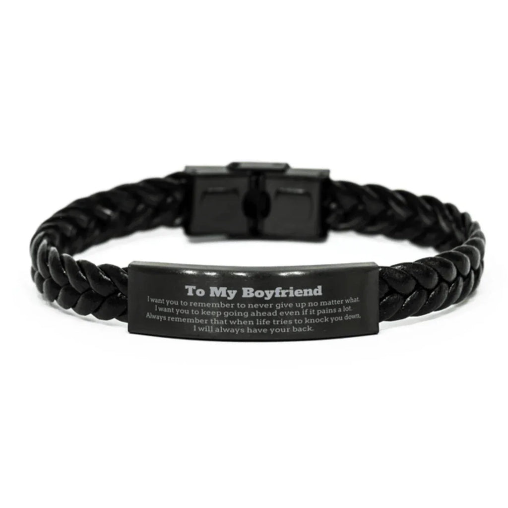 To My Boyfriend Gifts, Never give up no matter what, Inspirational Boyfriend Braided Leather Bracelet, Encouragement Birthday Christmas Unique Gifts For Boyfriend