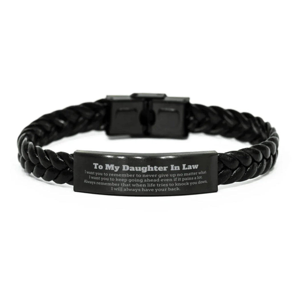 To My Daughter In Law Gifts, Never give up no matter what, Inspirational Daughter In Law Braided Leather Bracelet, Encouragement Birthday Christmas Unique Gifts For Daughter In Law