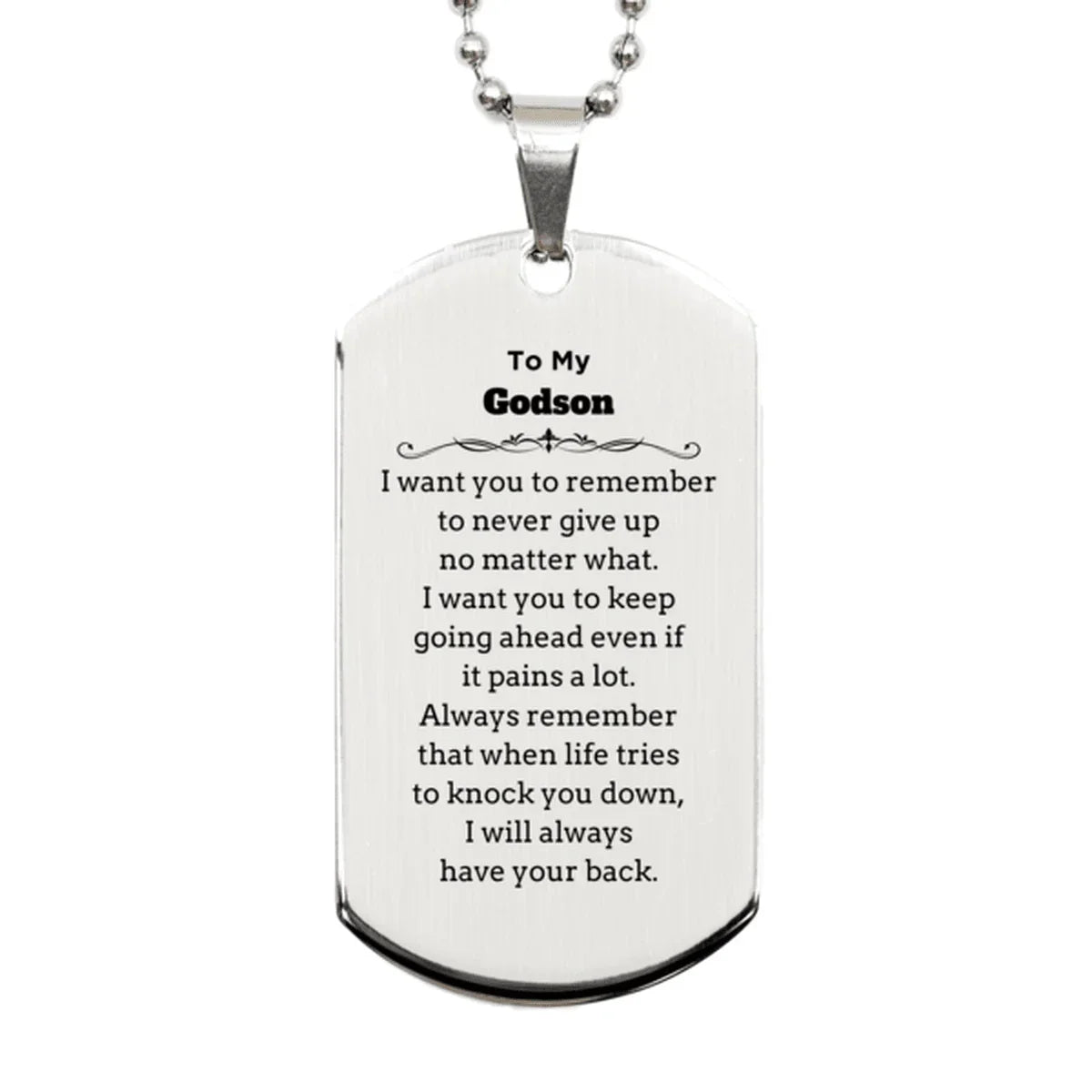 To My Godson Gifts, Never give up no matter what, Inspirational Godson Silver Dog Tag, Encouragement Birthday Christmas Unique Gifts For Godson