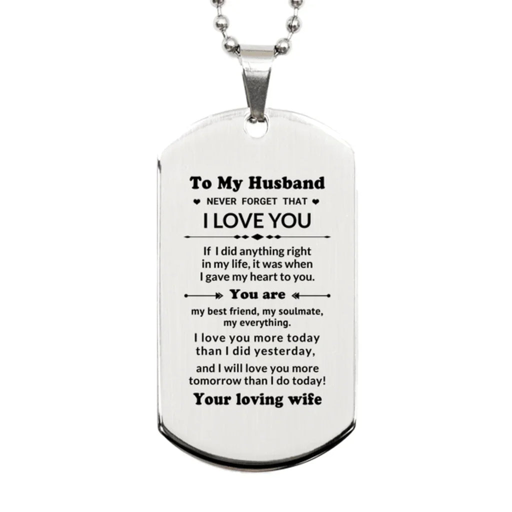 To My Husband You Are My Best Friend, My Soulmate, My Everything Engraved Silver Dog Tag Necklace Anniversary Birthday Valentine Gift