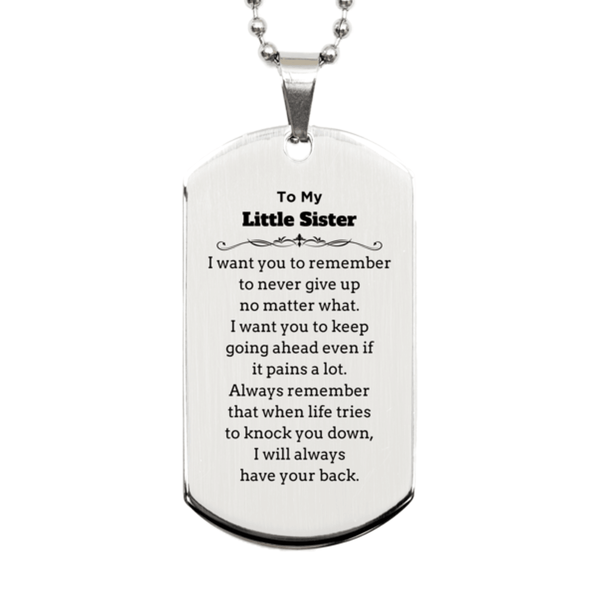 To My Little Sister Gifts, Never give up no matter what, Inspirational Little Sister Silver Dog Tag, Encouragement Birthday Christmas Unique Gifts For Little Sister - Mallard Moon Gift Shop