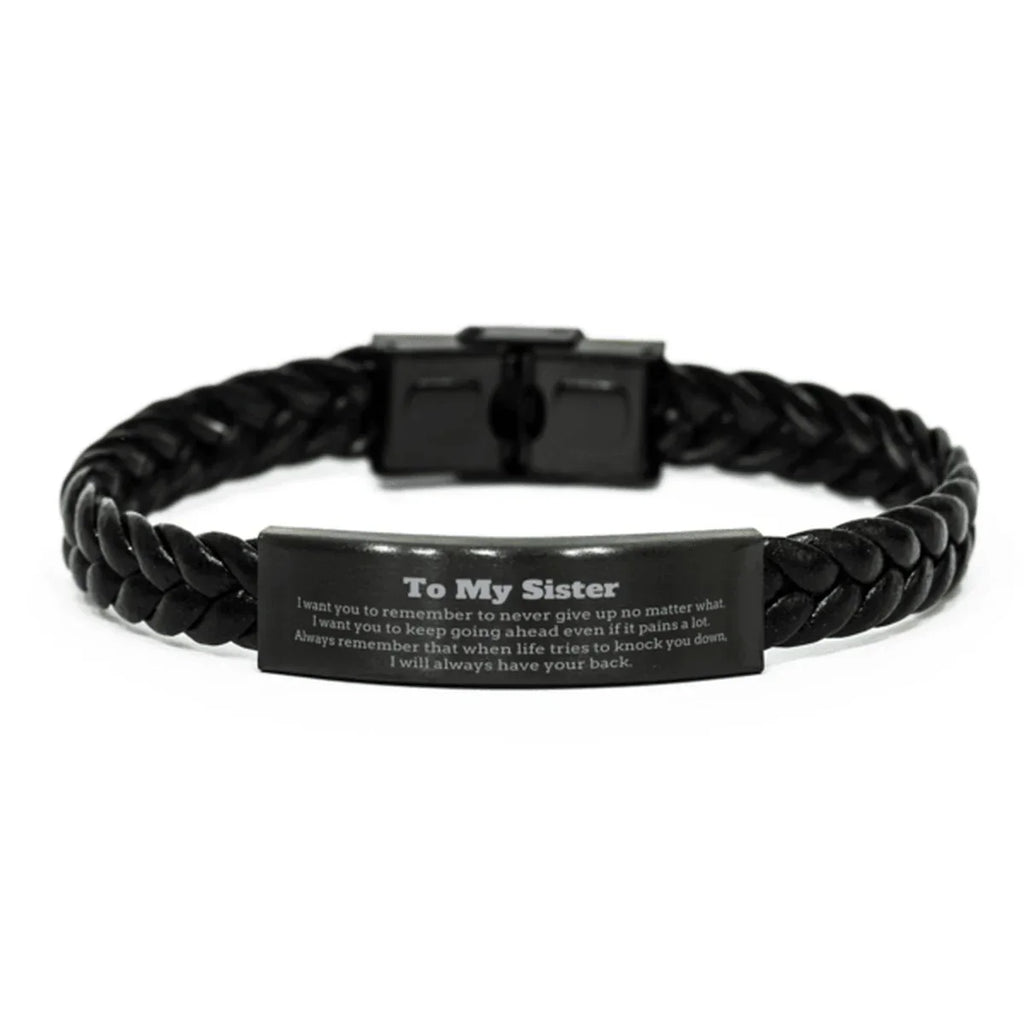 To My Sister Gifts, Never give up no matter what, Inspirational Sister Braided Leather Bracelet, Encouragement Birthday Christmas Unique Gifts For Sister