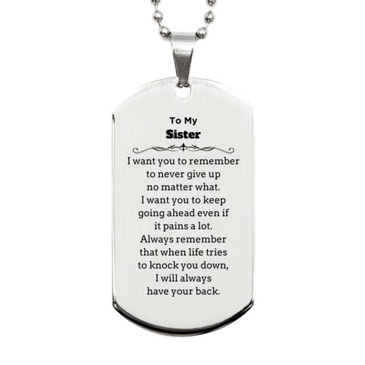 To My Sister Gifts, Never give up no matter what, Inspirational Sister Silver Dog Tag, Encouragement Birthday Christmas Unique Gifts For Sister - Mallard Moon Gift Shop