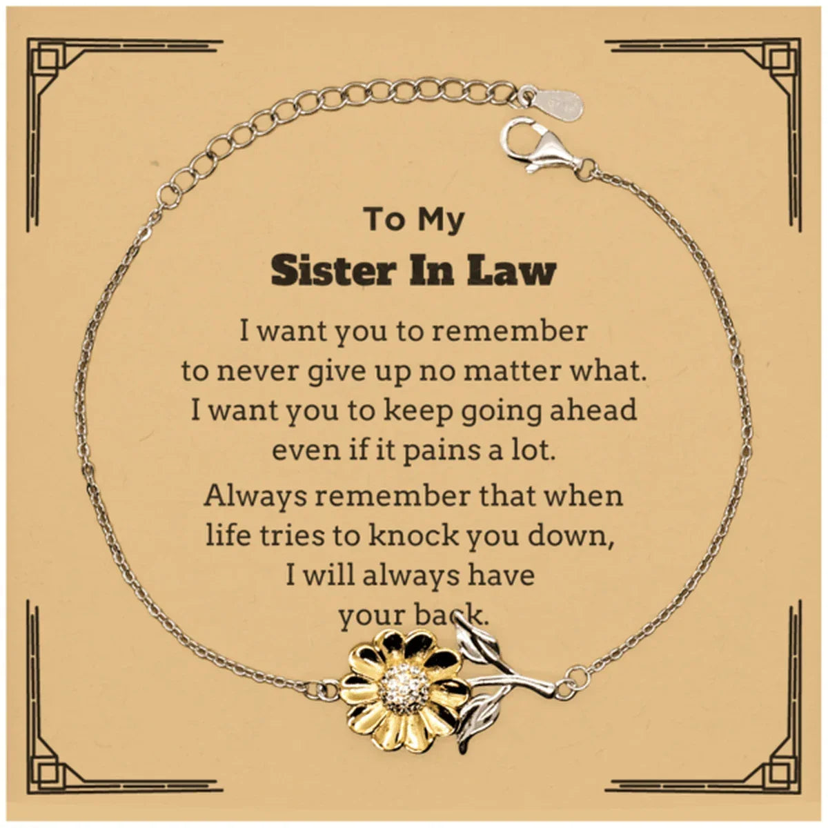 To My Sister In Law Gifts, Never give up no matter what, Inspirational Sister In Law Sunflower Bracelet, Encouragement Birthday Christmas Unique Gifts For Sister In Law