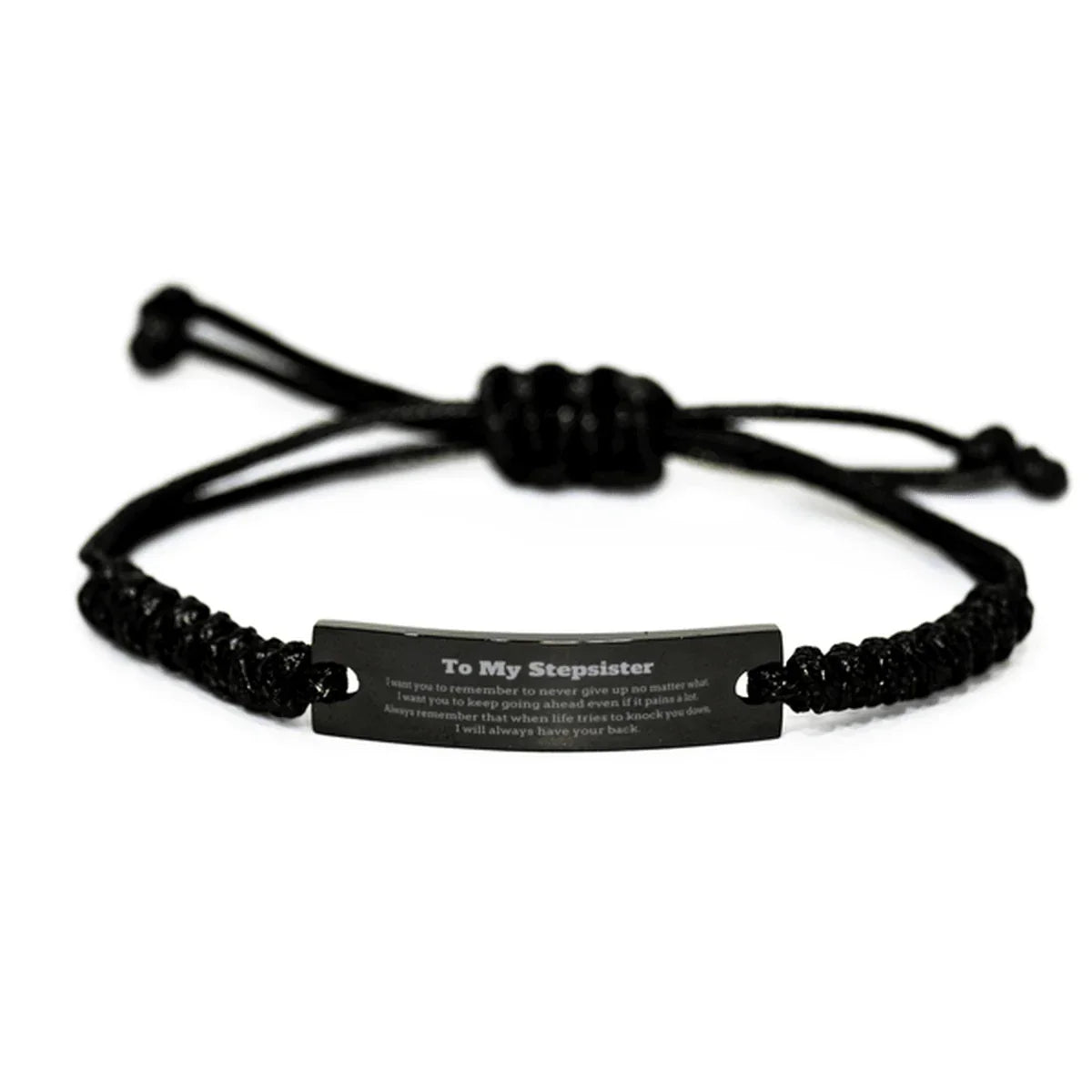 To My Stepsister Gifts, Never give up no matter what, Inspirational Stepsister Black Rope Bracelet, Encouragement Birthday Christmas Unique Gifts For Stepsister