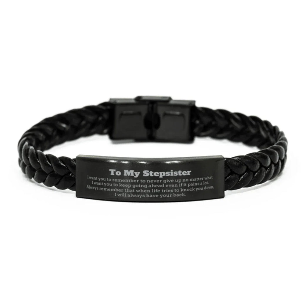 To My Stepsister Gifts, Never give up no matter what, Inspirational Stepsister Braided Leather Bracelet, Encouragement Birthday Christmas Unique Gifts For Stepsister