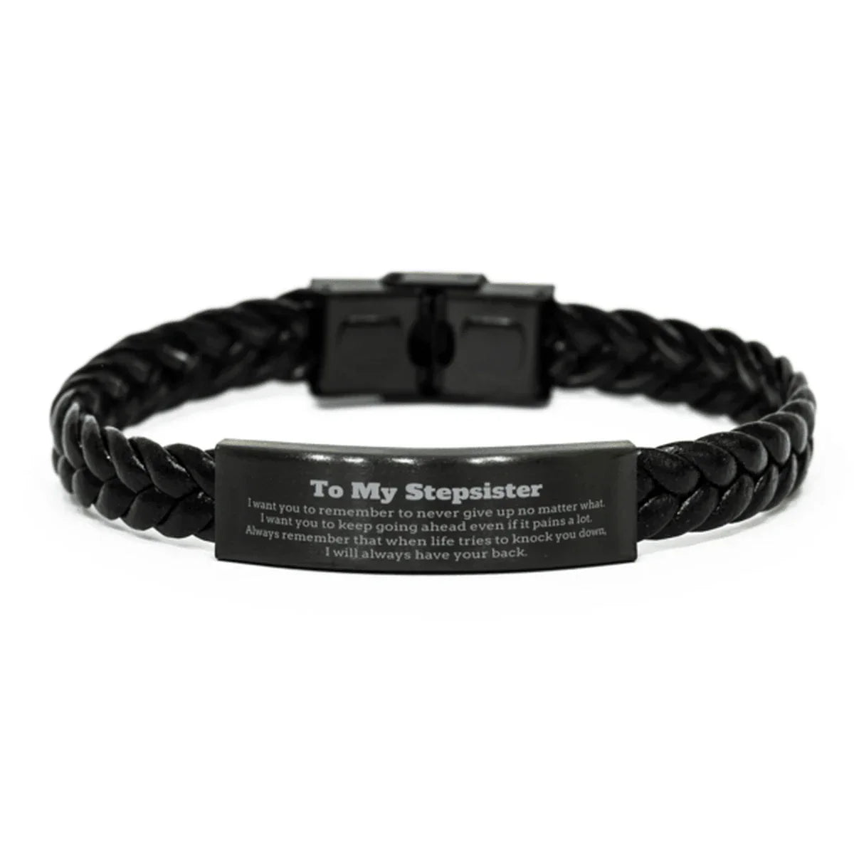 To My Stepsister Gifts, Never give up no matter what, Inspirational Stepsister Braided Leather Bracelet, Encouragement Birthday Christmas Unique Gifts For Stepsister
