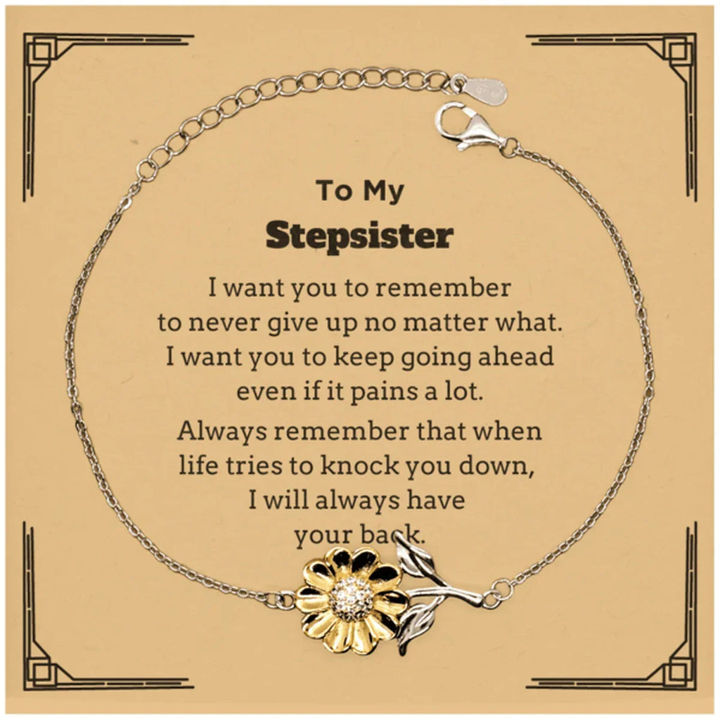 To My Stepsister Gifts, Never give up no matter what, Inspirational Stepsister Sunflower Bracelet, Encouragement Birthday Christmas Unique Gifts For Stepsister