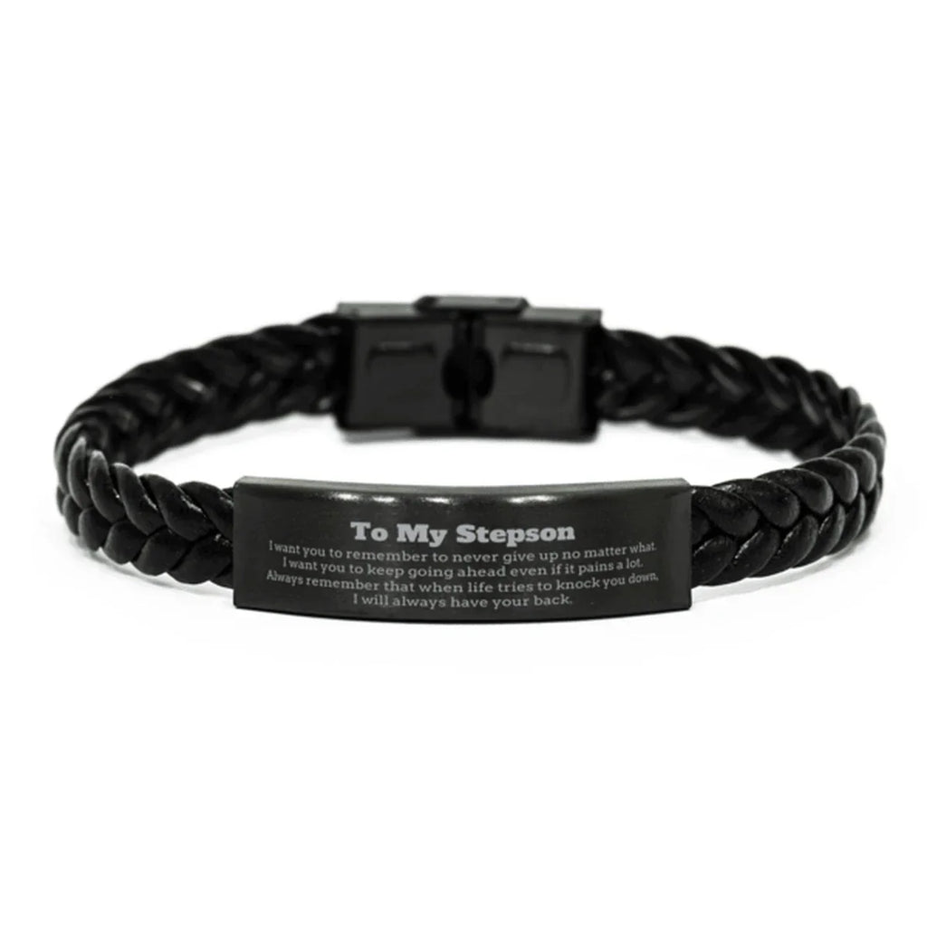 To My Stepson Gifts, Never give up no matter what, Inspirational Stepson Braided Leather Bracelet, Encouragement Birthday Christmas Unique Gifts For Stepson