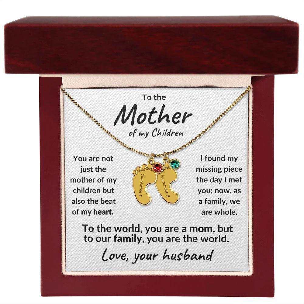 To the Mother of my Children Baby Feet Engraved Charms with Birthstone Necklace