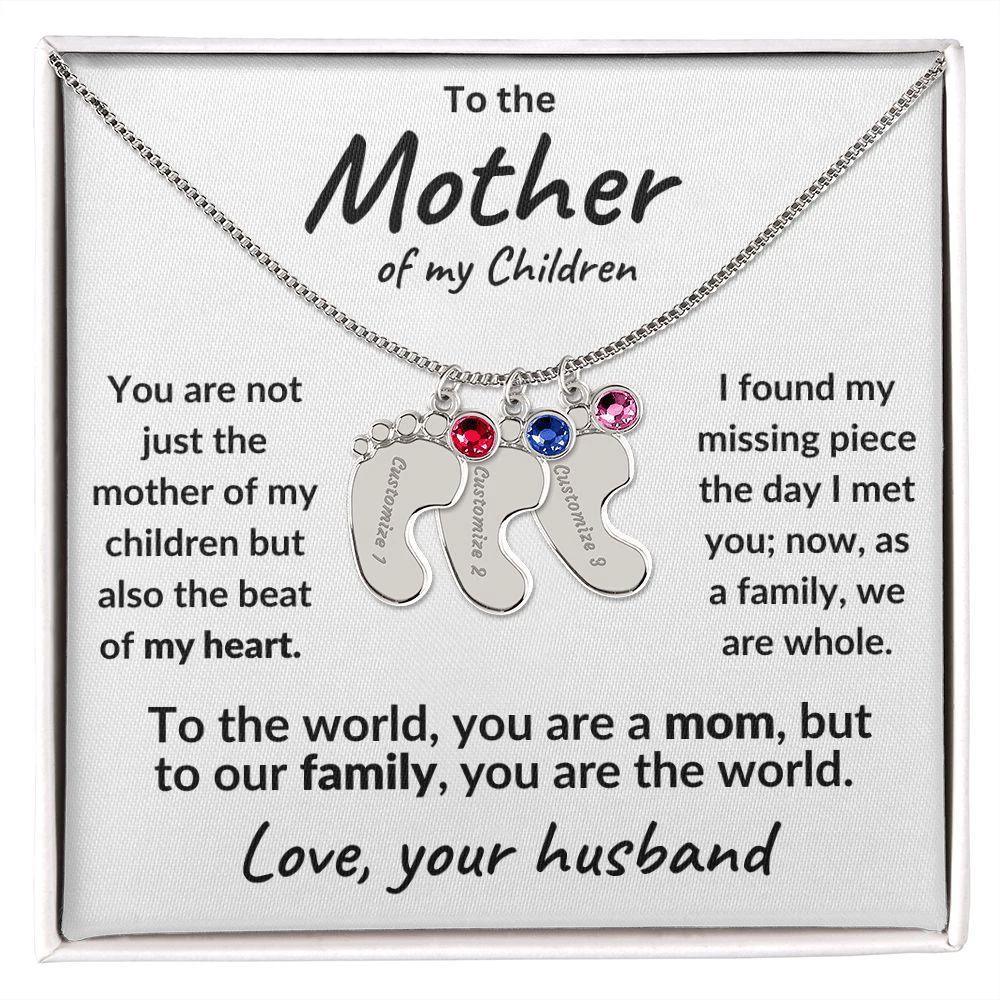 To the Mother of my Children Baby Feet Engraved Charms with Birthstone Necklace