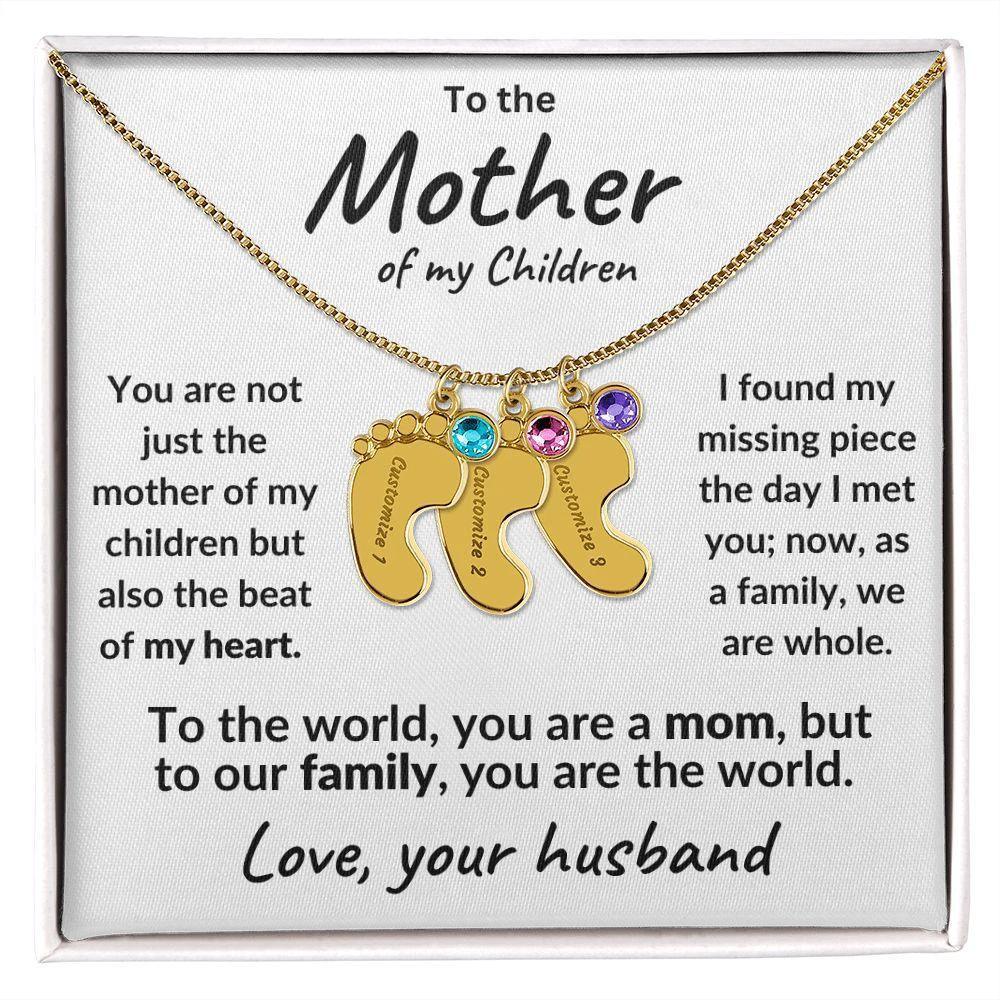 To the Mother of my Children Baby Feet Engraved Charms with Birthstone Necklace