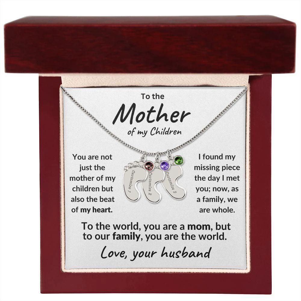 To the Mother of my Children Baby Feet Engraved Charms with Birthstone Necklace