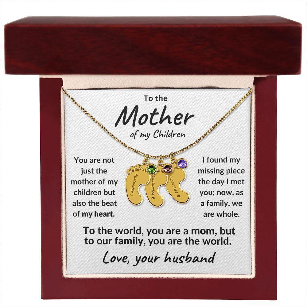 To the Mother of my Children Baby Feet Engraved Charms with Birthstone Necklace