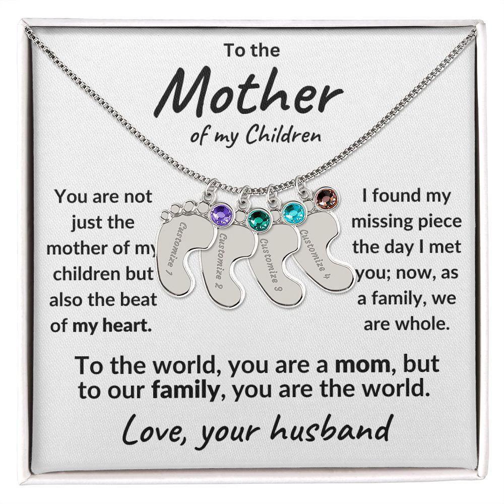 To the Mother of my Children Baby Feet Engraved Charms with Birthstone Necklace