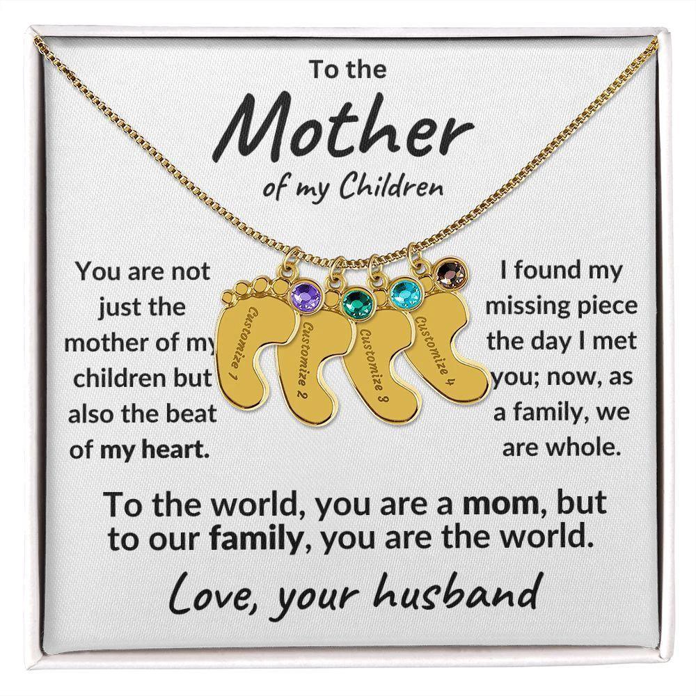 To the Mother of my Children Baby Feet Engraved Charms with Birthstone Necklace