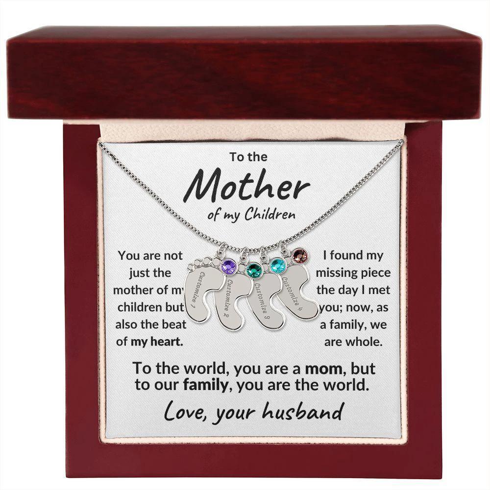 To the Mother of my Children Baby Feet Engraved Charms with Birthstone Necklace