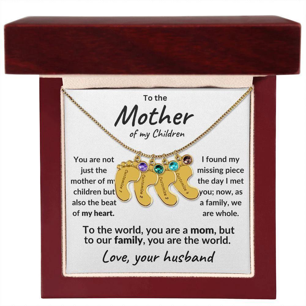 To the Mother of my Children Baby Feet Engraved Charms with Birthstone Necklace