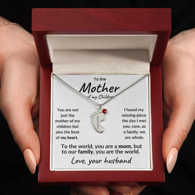 To the Mother of my Children Baby Feet Engraved Charms with Birthstone Necklace