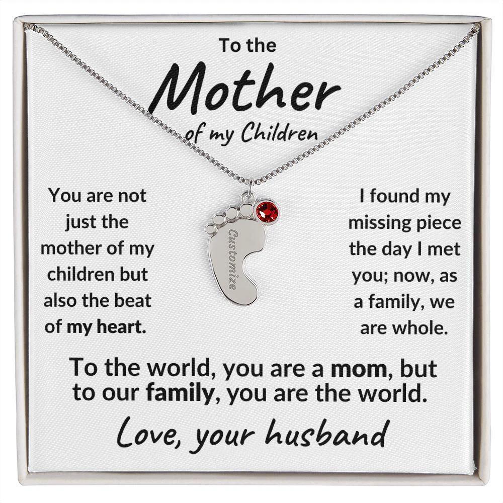 To the Mother of my Children Baby Feet Engraved Charms with Birthstone Necklace