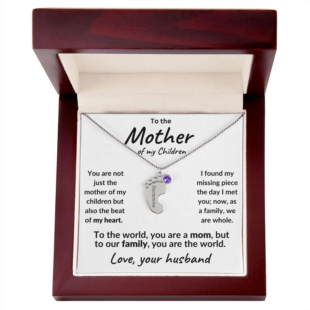 To the Mother of my Children Baby Feet Engraved Charms with Birthstone Necklace