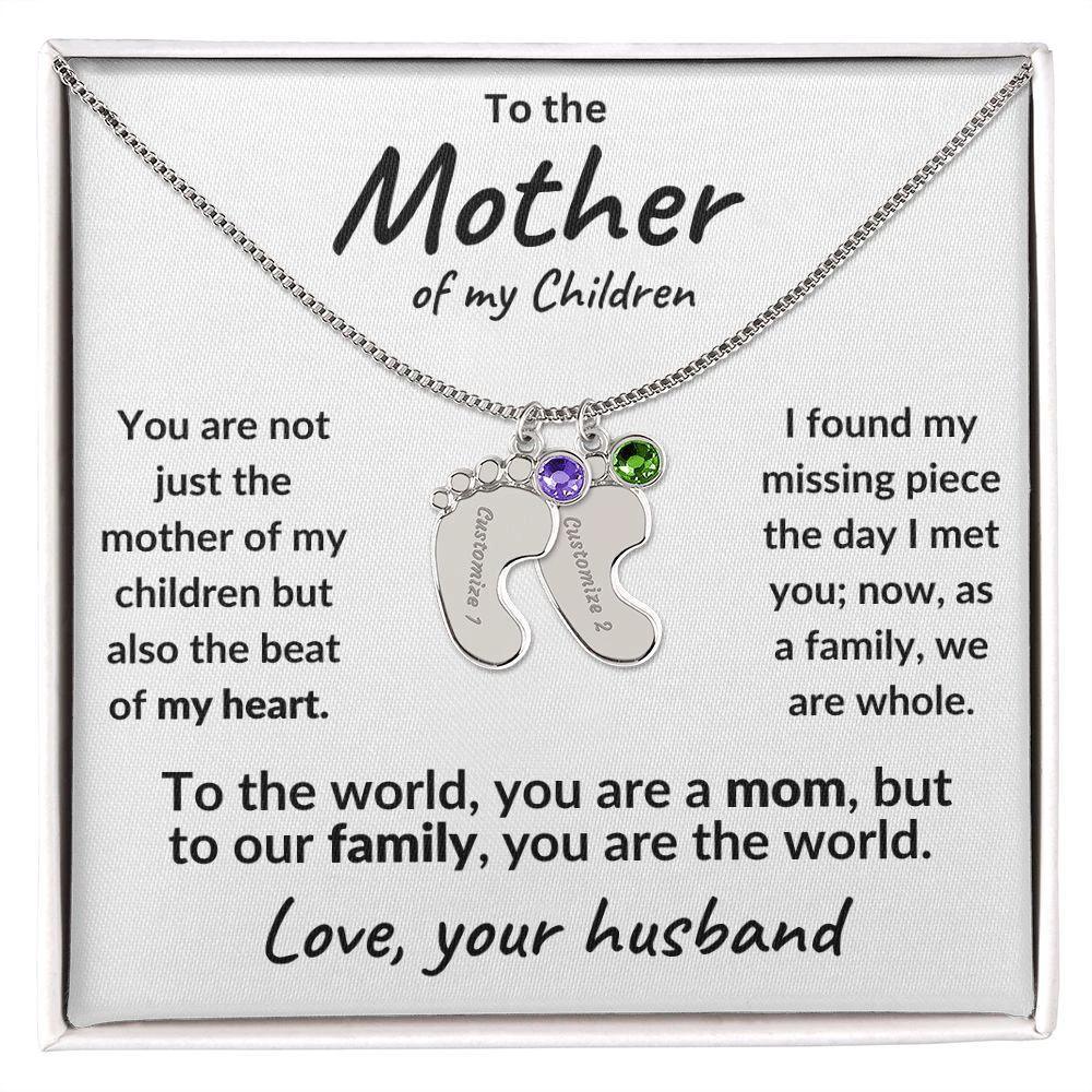 To the Mother of my Children Baby Feet Engraved Charms with Birthstone Necklace