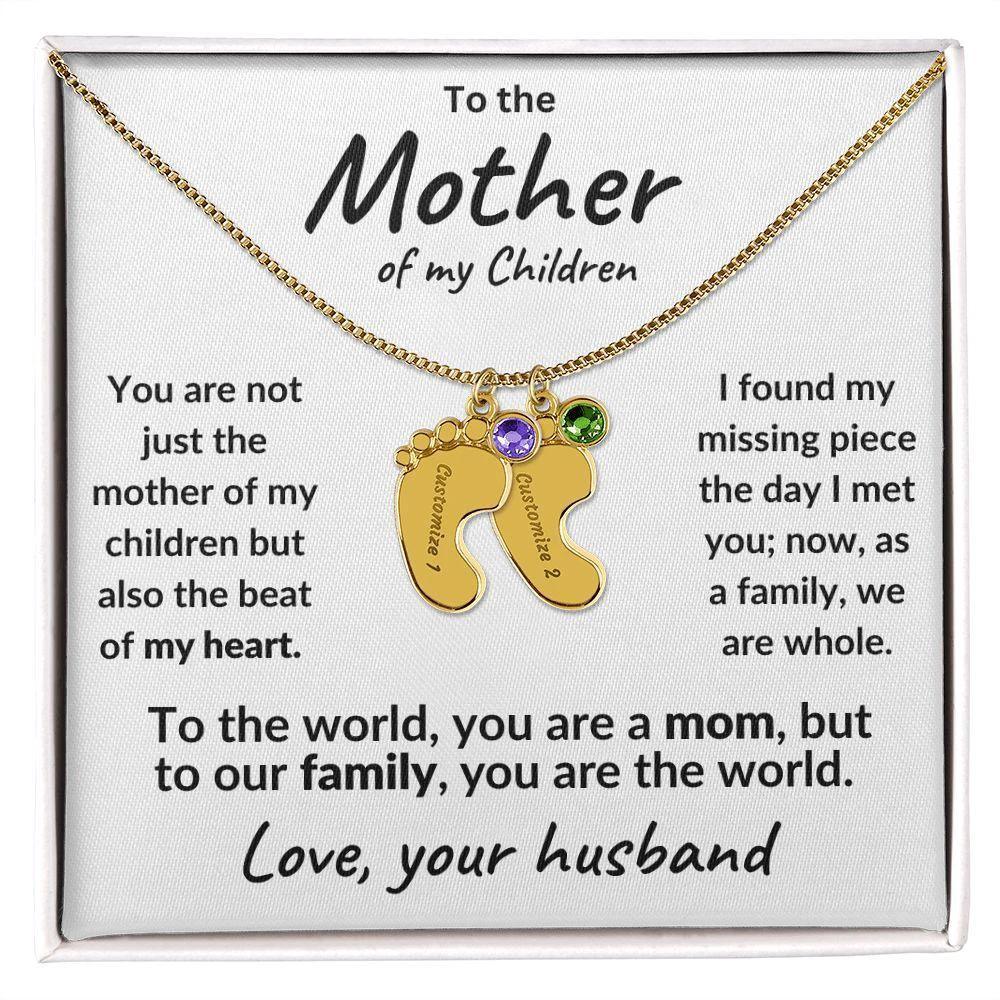 To the Mother of my Children Baby Feet Engraved Charms with Birthstone Necklace