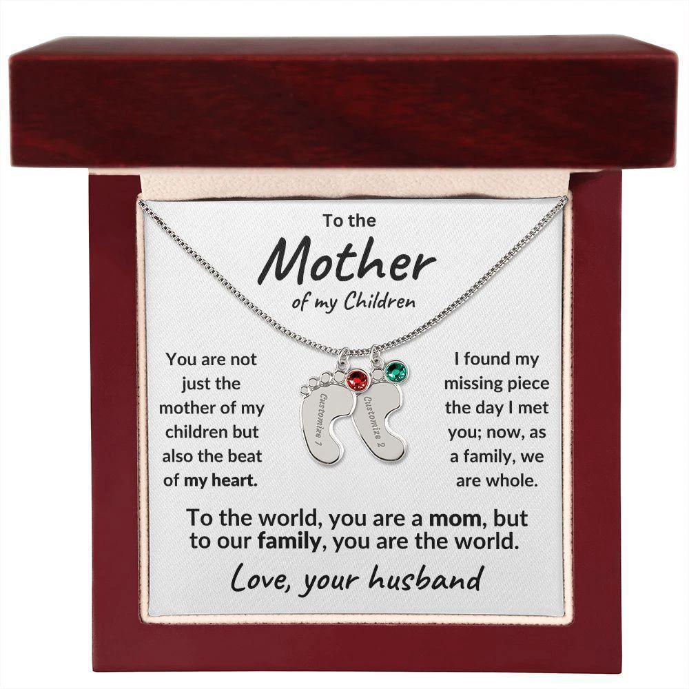 To the Mother of my Children Baby Feet Engraved Charms with Birthstone Necklace