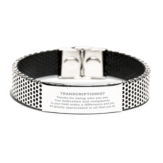 Transcriptionist Silver Shark Mesh Stainless Steel Engraved Bracelet - Thanks for being who you are - Birthday Christmas Jewelry Gifts Coworkers Colleague Boss - Mallard Moon Gift Shop