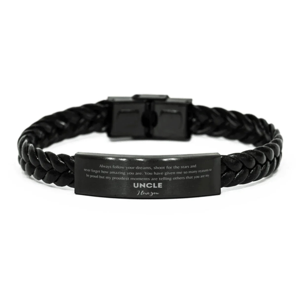 Uncle Braided Leather Engraved Bracelet - Always Follow your Dreams - Birthday, Christmas Holiday Jewelry Gift