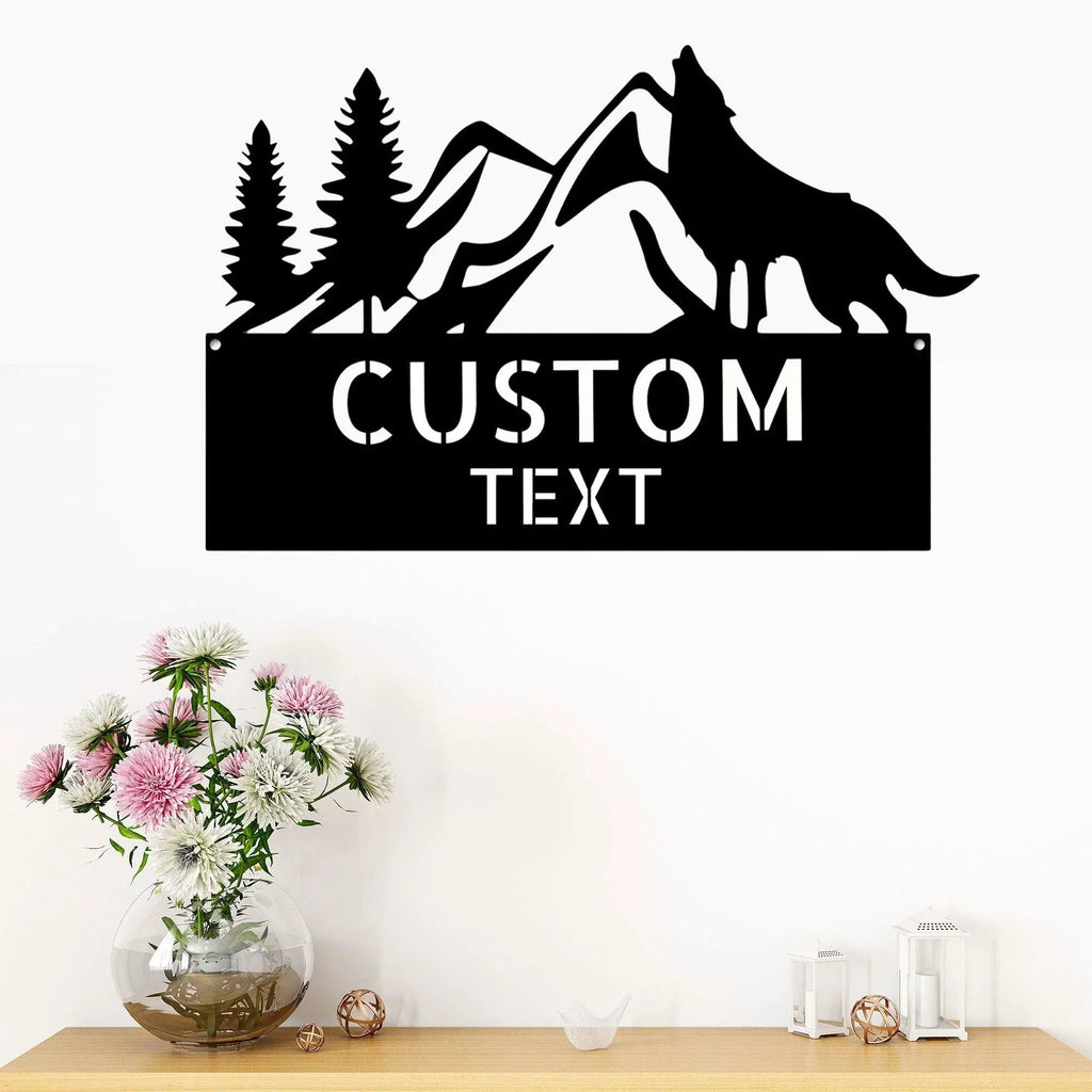 Coyote and Mountains Custom Name Metal Wall Sign