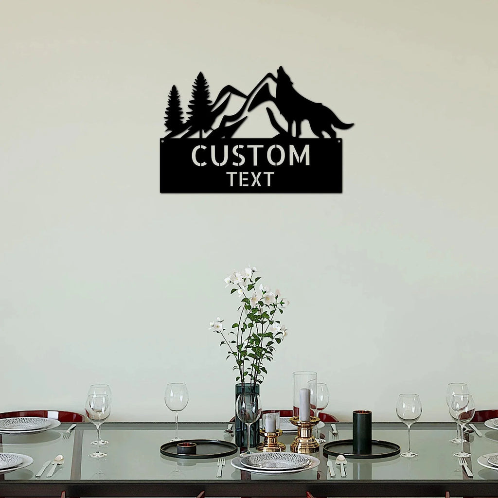 Coyote and Mountains Custom Name Metal Wall Sign