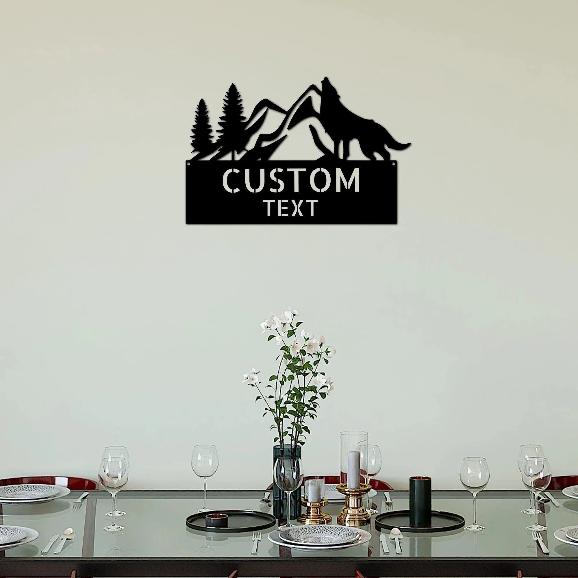 Coyote and Mountains Custom Name Metal Wall Sign