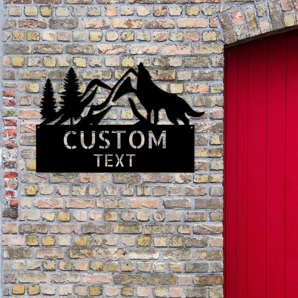 Coyote and Mountains Custom Name Metal Wall Sign