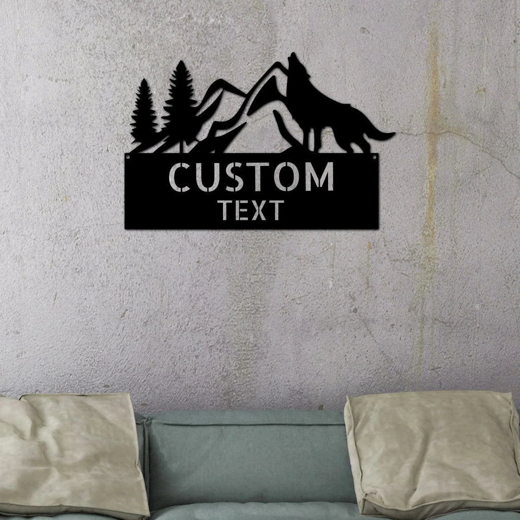 Coyote and Mountains Custom Name Metal Wall Sign