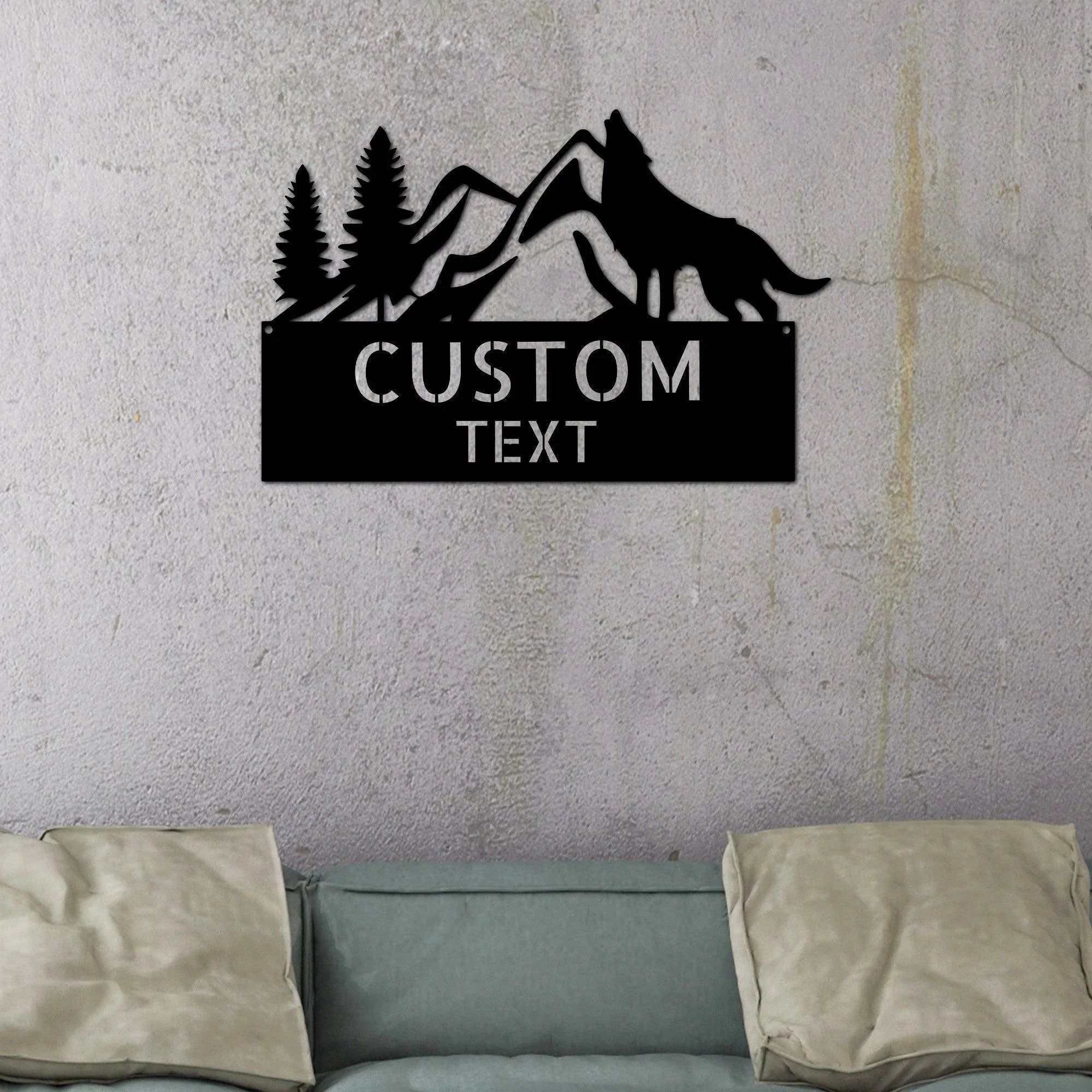 Coyote and Mountains Custom Name Metal Wall Sign